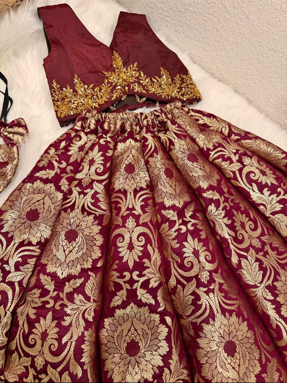Girls' Maroon and Gold Embroidered Festive Dress Set Indian party Indian outfit